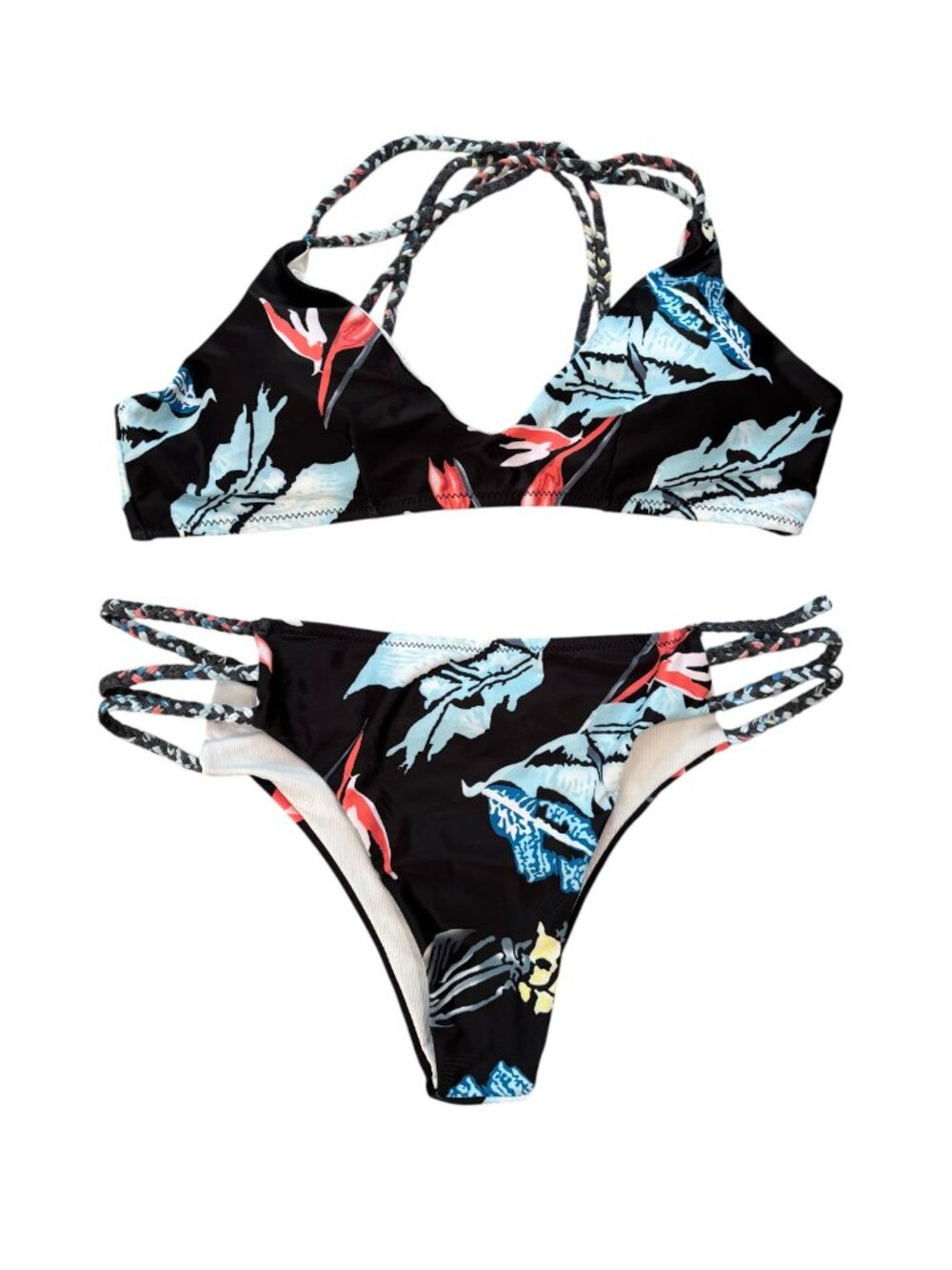 NWT Cupshe Black Midnight Garden Floral Bikini Bathing Suit Set Medium Cut Out